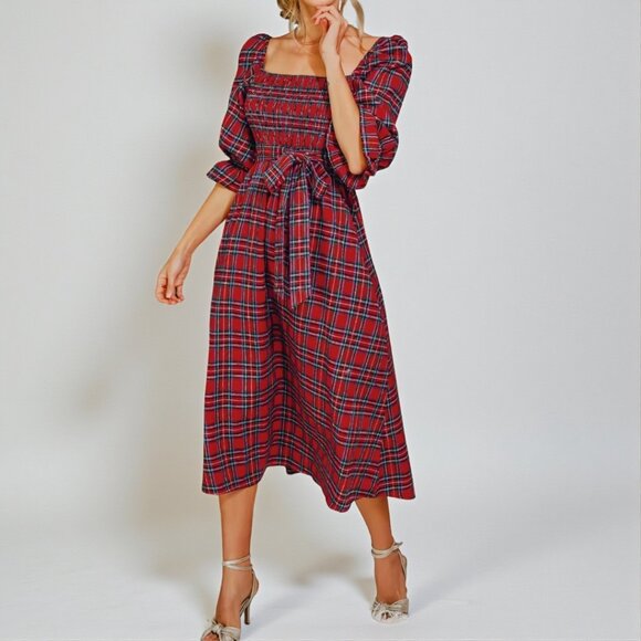 Cupshe Burgundy Belted Tartan Plaid Maxi Dress Size Large - Picture 1 of 13